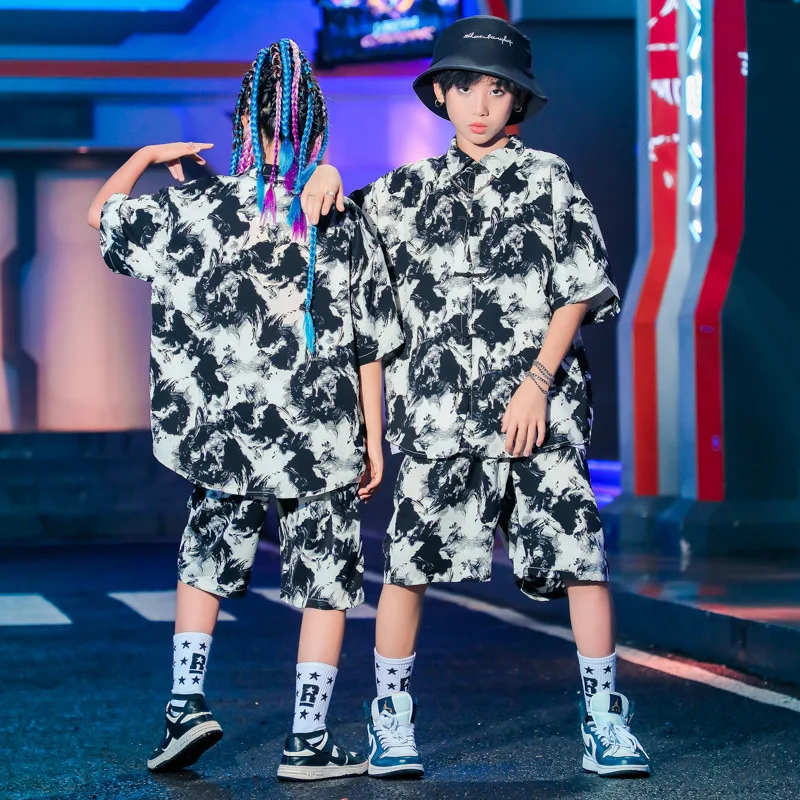 Summer Hip Hop Kids Clothes Girls Street Dance Loose Ink-painting Shirt Shorts Boys Modern Dance Clothes Walk Show Stage Costume