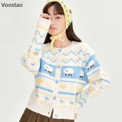 Harajuku Cute Knitted Cardigan Autumn Winter Women Sweet Cartoon Sheep Jacquard Sweater Streetwear Y2k Kawaii Knitwear Coat Tops