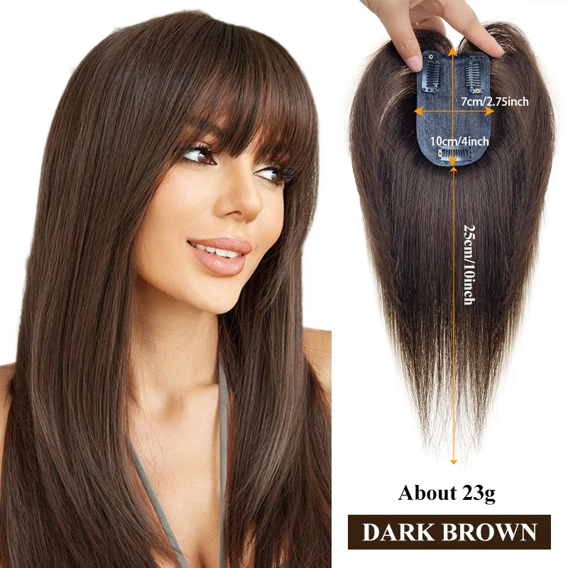 25 cm 100% Menselijk Haar 7X10 cm Haarnetje met Franse Pony Toupetje Vrouwen Rechte Clip in Haarverlenging Topper Haarstukken