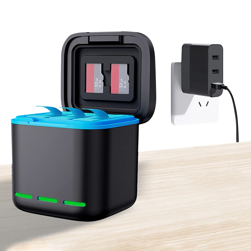 Estação do Carregador de Bateria com Cabo Tipo C, Estojo para Armazenamento de Baterias, 2 Slot SD para Go Pro Hero 12, 11, 10, 9, 3 Channel