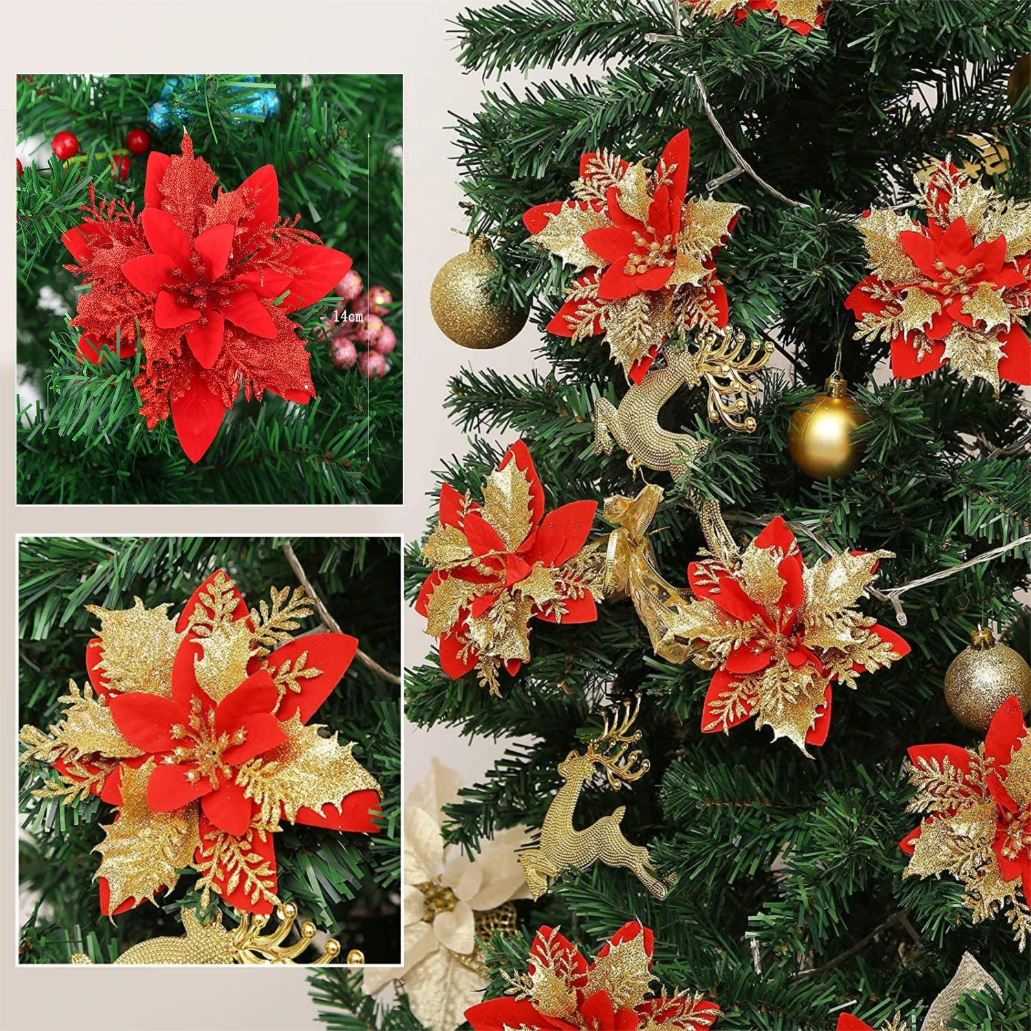 10Pcs 14cm Christmas Flower Ornaments Red Gold Glitter Artifical Flowers For Christmas Tree Xmas Decoration Home New Year Decor