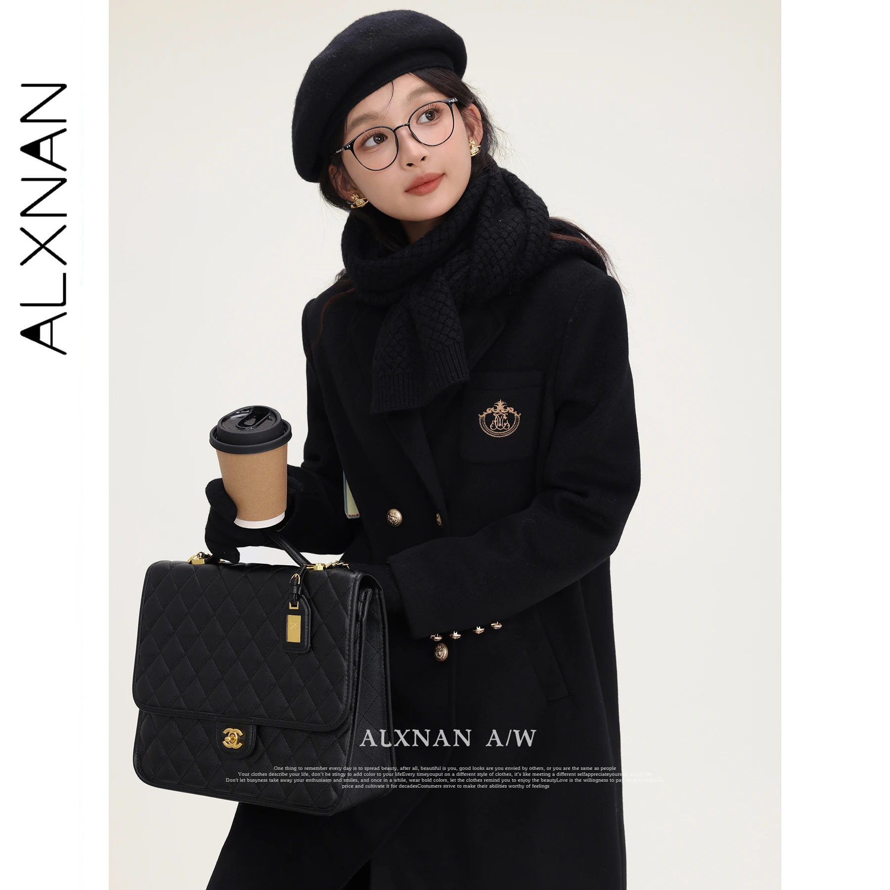 ALXNAN Women's Coats 2025 Autumn Winter Black Single-faced Woolen Overcoat Elegant Long Thickened Office Lady Clothes LXN31906