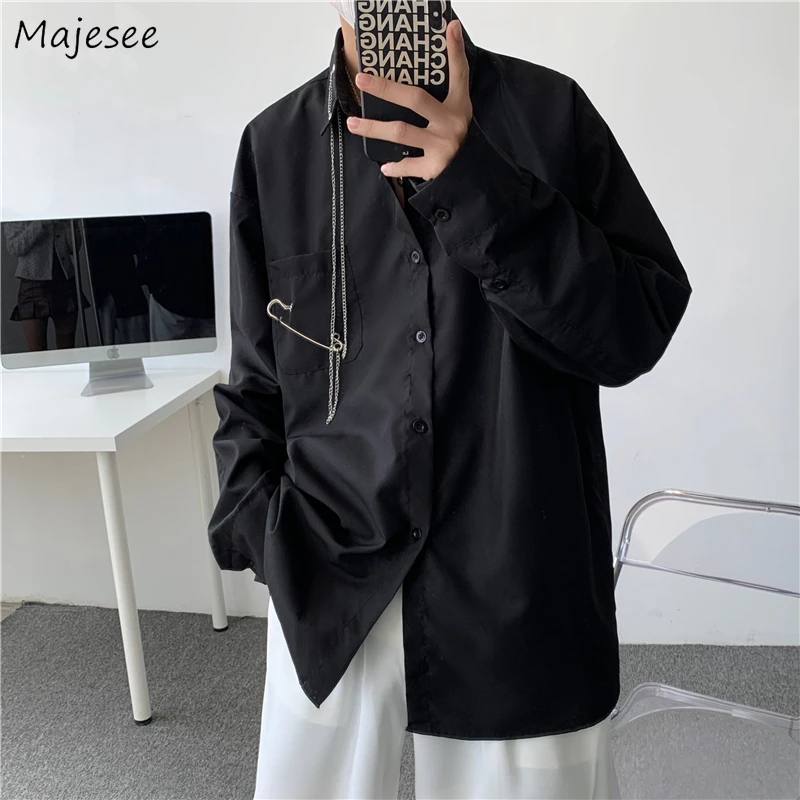 Black Long Sleeve Shirts Men Casual Simple Chain Design Cool Handsome High Street All-match Soft Camisas De Hombre Korean Style