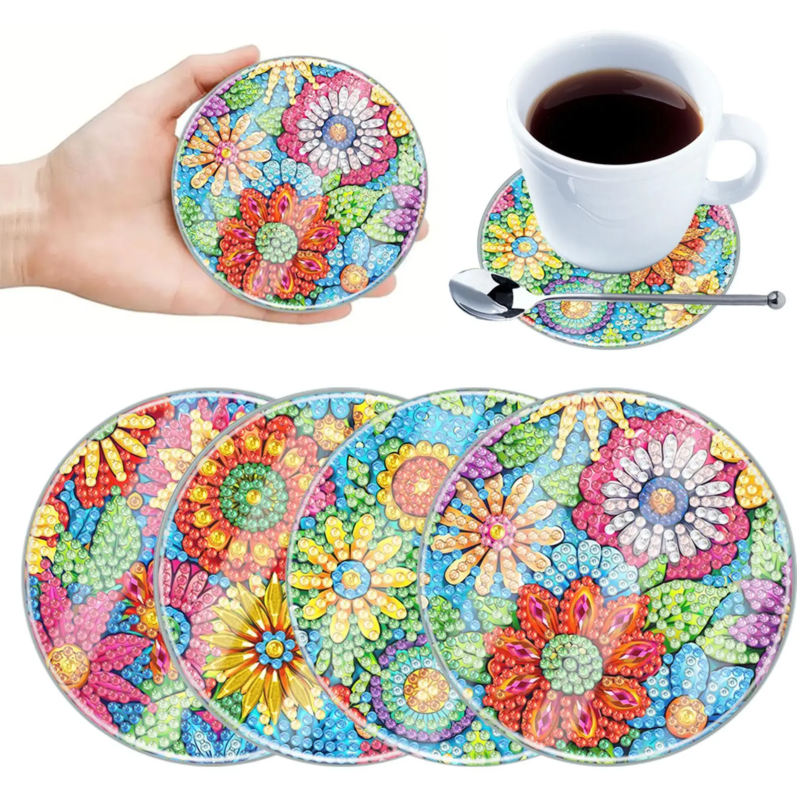 

4Pcs Acrylic Special Shape River Diamond Painting Coasters 5D Diamond Painting Kits Rhinestone Dot Coasters for Home Table Decor