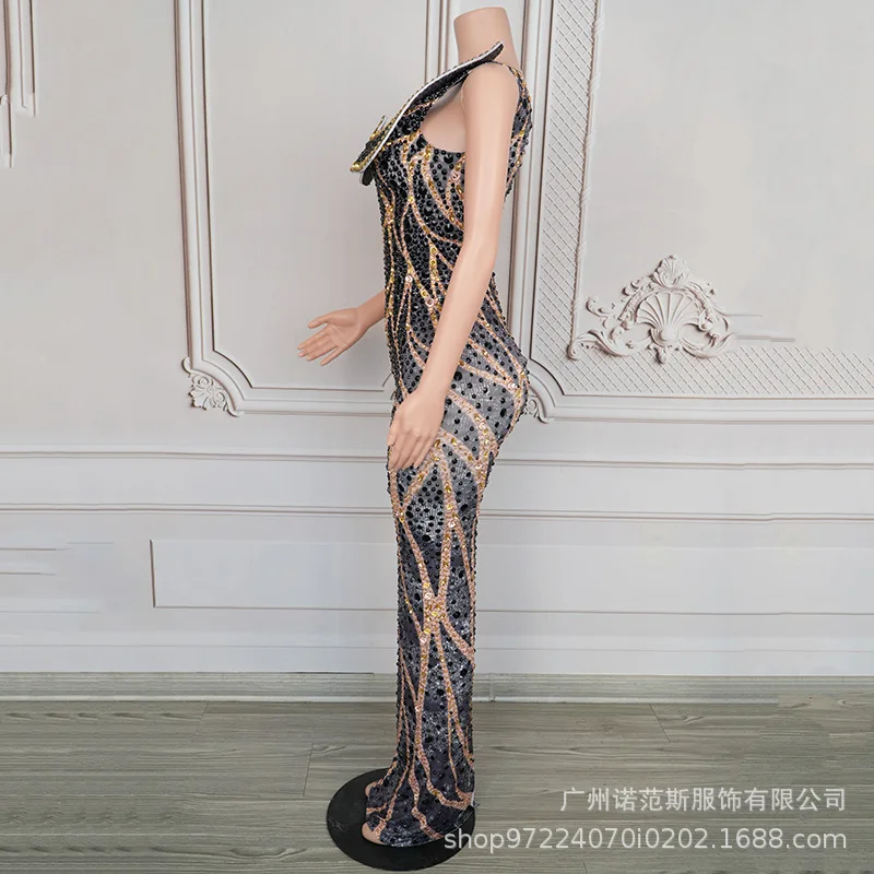 تصميم تحسس اعوج الماس معسر الخصر مزاجه فستان أسود عصري الملابس المنصة أداء الملابس المغنية #2