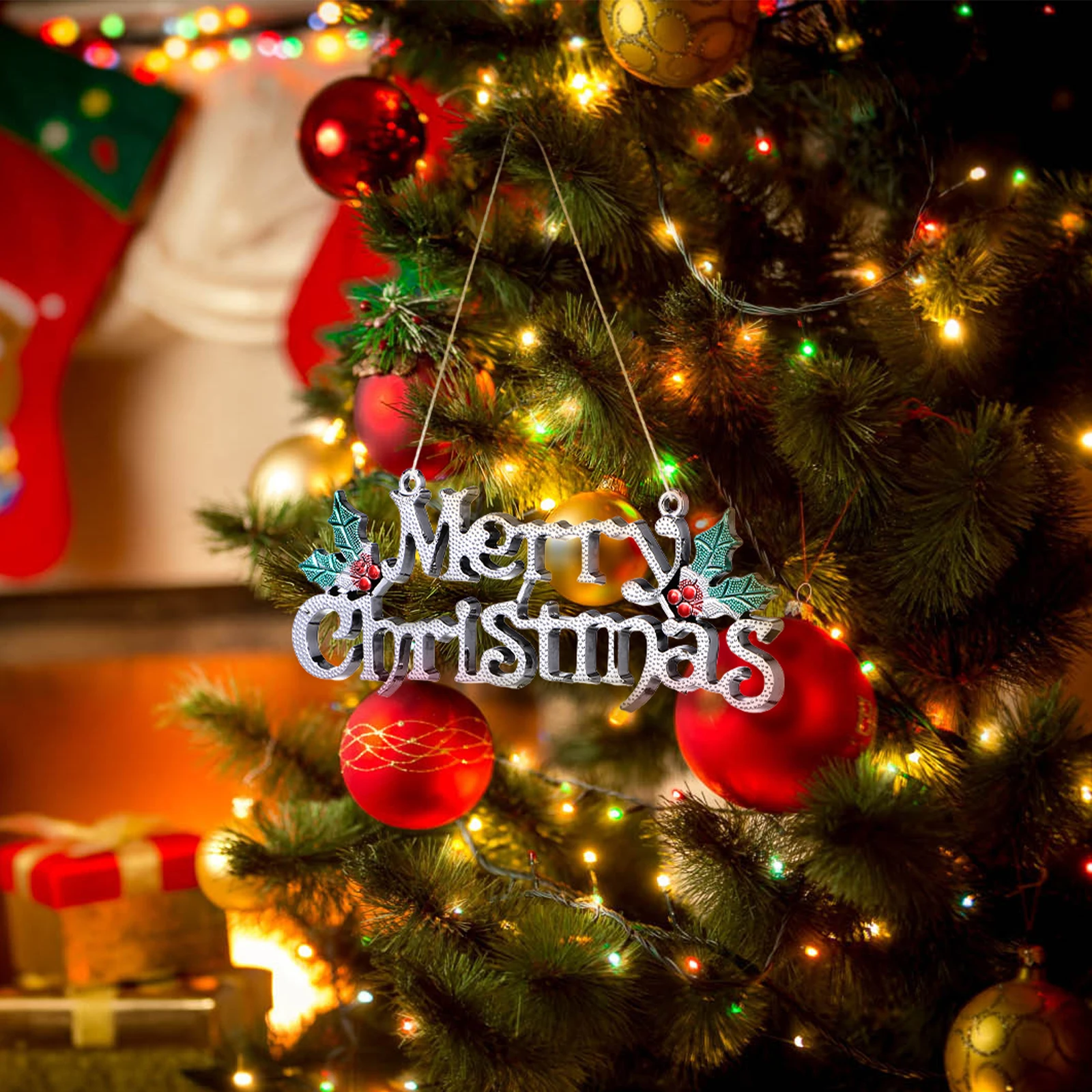 

12pcs Christmas Letter Door Hanging Sign 15cm Silver Plastic Xmas Decoration Merry Christmas Tree Pendant Retro Style