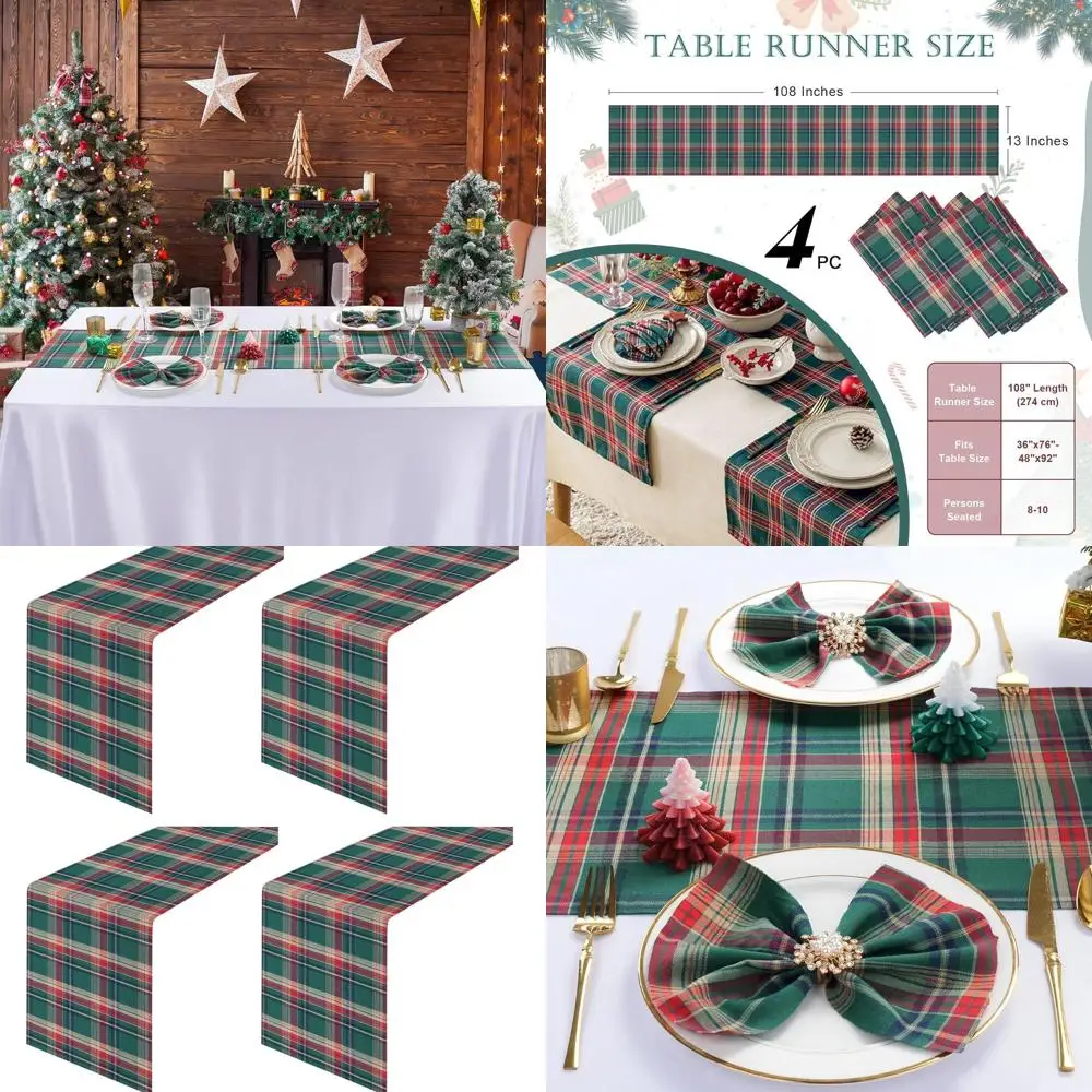 

Green Plaid Christmas Table Runner - 13x108 Inch Fall Overlay for Holiday Parties, Farmhouse Style, 4-Piece Set