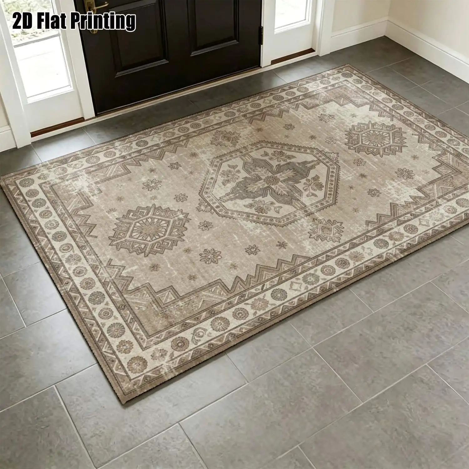 1Pc 2D Printed Carpet: Beige Geometric Retro Pattern, European/Bohemian Style, Machine Washable, Multi-Size, Ideal for Home Decor & Various Spaces