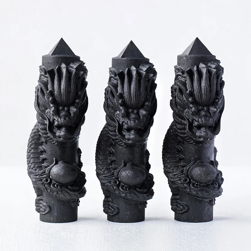 1pc Natural Shungite Tower Point Wand Dragon Minerals,Shungite Tower With Dragon Carving, Home Decoration