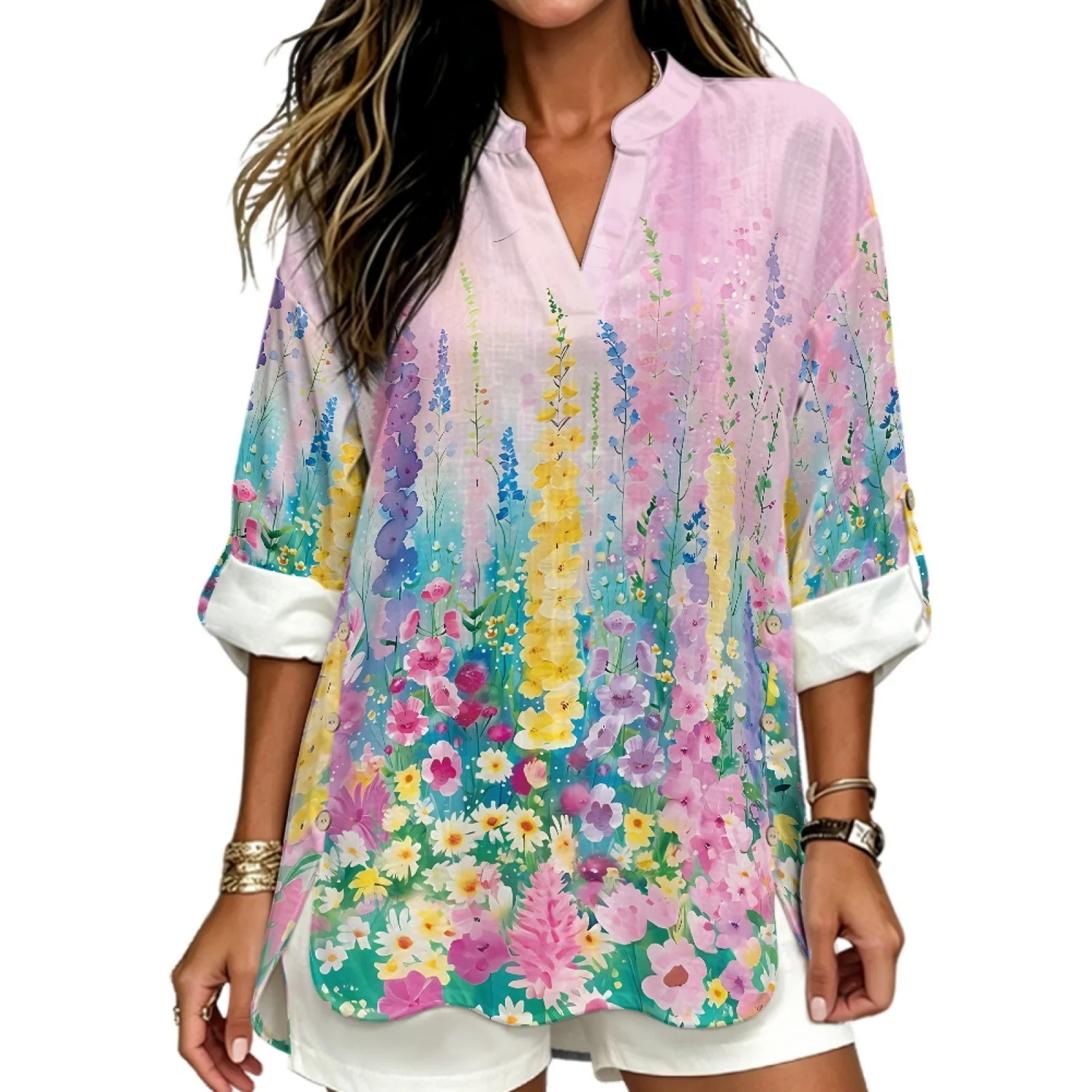 PENSTROLL Watercolor Floral Linen Like Dressy Casual Blouses Casual Shirts for Womens Flowy Hem Notch V Neck Blouses