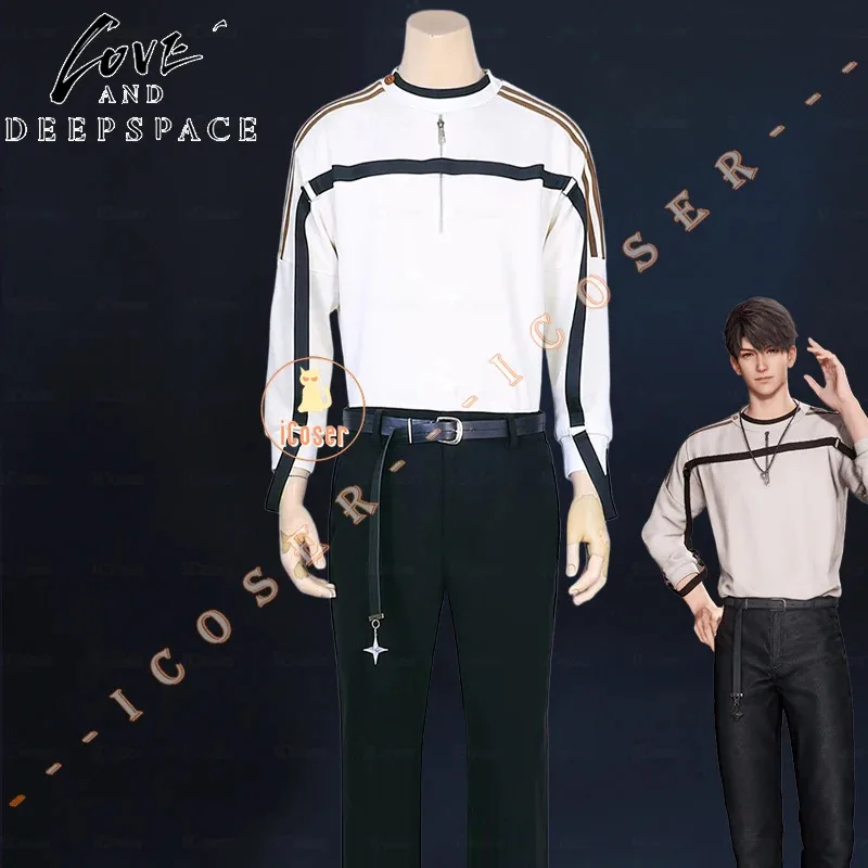 Костюм для косплея Love and Deepspace Caleb, парик, повседневная толстовка с поясом, белые брюки с длинными рукавами, вечерние костюмы на Хэллоуин, женские и мужские карнавалы