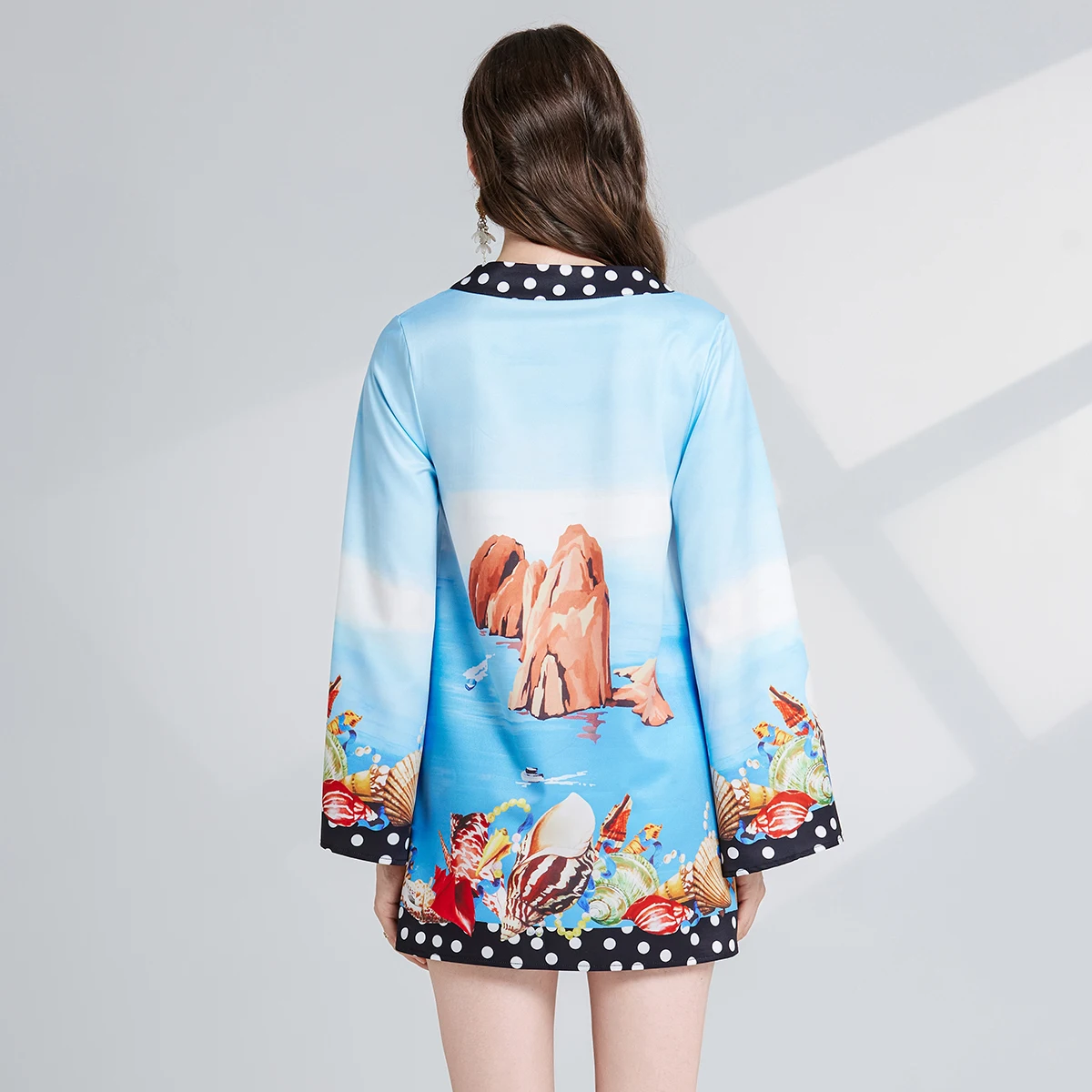 Brand Designer Summer Autumn Hot Girl Long Lantern Sleeve A Line Loose Sea Starfish Print Flower Long Sleeve Short Dress Women