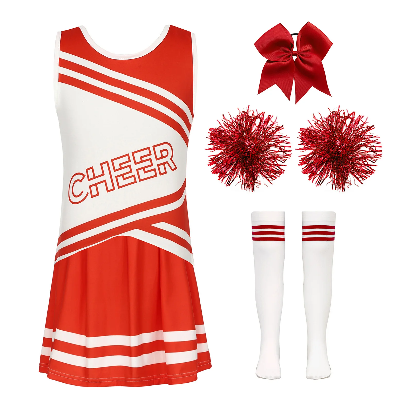 Cheer Leader-Kostüm für Mädchen, Uniform-Set, ärmellose Oberteile mit Rundhalsausschnitt, Faltenrock und Haargummis, Stirnband, Blumenkugeln, Socken