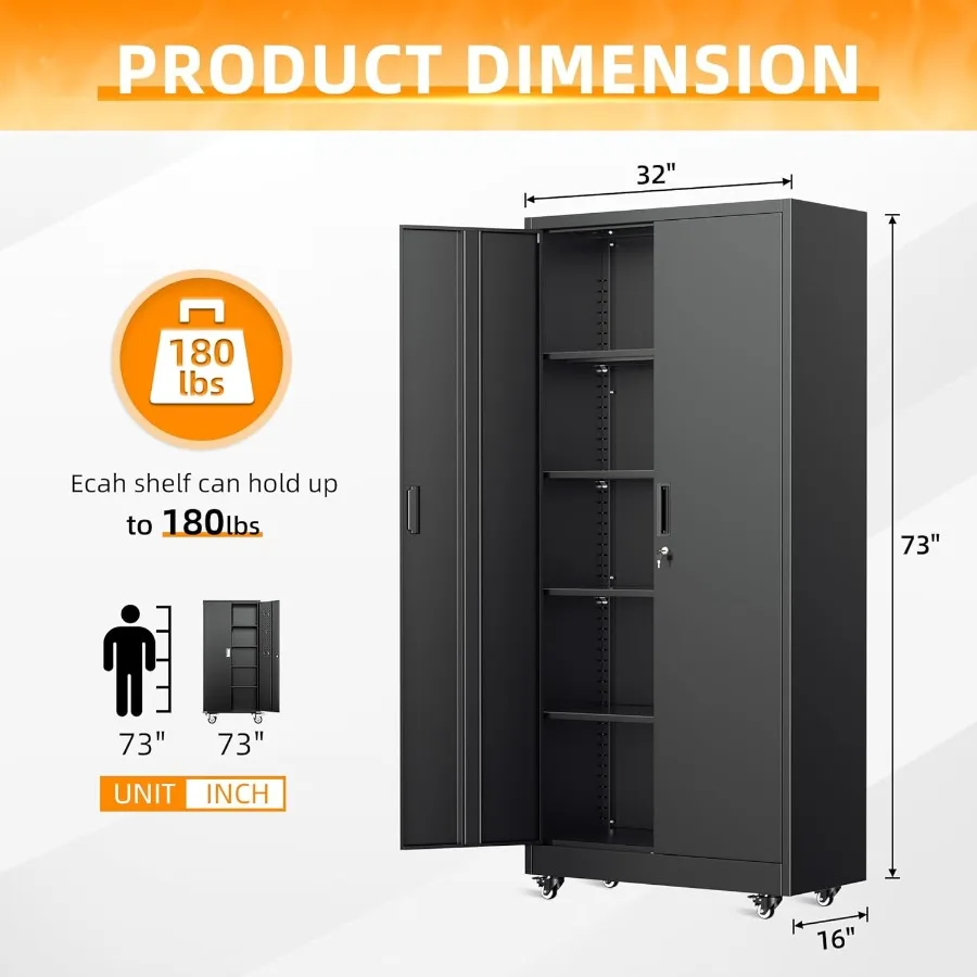 Rolling Storage Cabinet 73 Tall Lockable Tool Cabinet with Pegboard and Shelves HeavyDuty File Cabinet with Wheels for Garage B