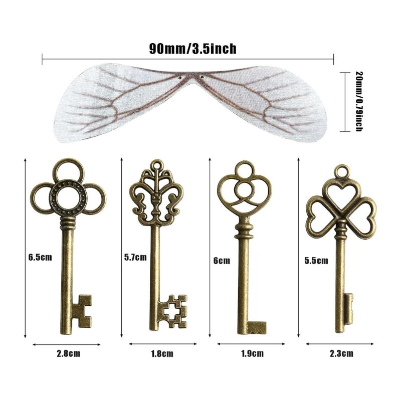 Vintage Antique Skeleton Keys Flying Keys Charms with Dragonfly Wings and Line for Home Decoration DIY Jewelry Making