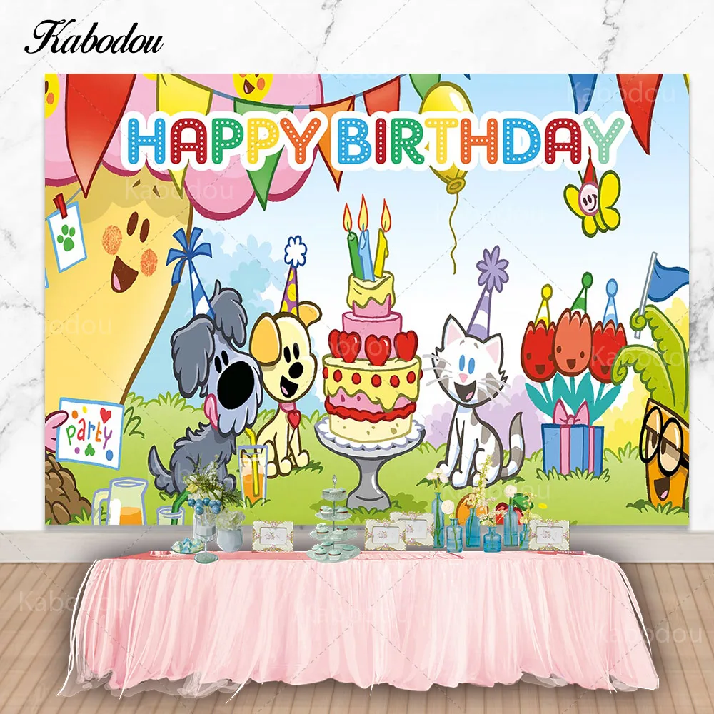 Kabodou Woezel & Pip Backdrops For Kids Birthday Party Photography Background Cartoon Dogs Cat Green Grass Decor Banner