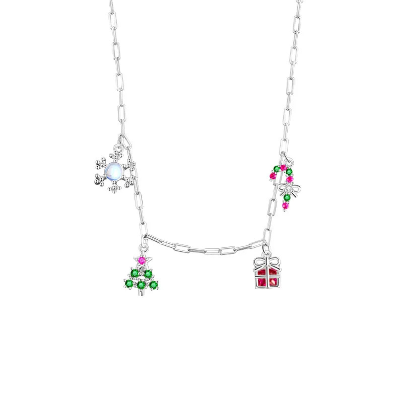

S925 Sterling Silver Sparkling Purple Green Zircon Christmas Tree Bracelet Snowflake Pendant Necklace Jewelry Set