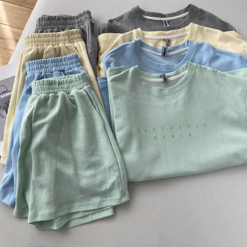 

QWEEK T-shirts Suits with Shorts Loungewear Pajamas Woman Summer Basic&Casual Microfiber Sleepwear Negligee 2 Pieces Nightie