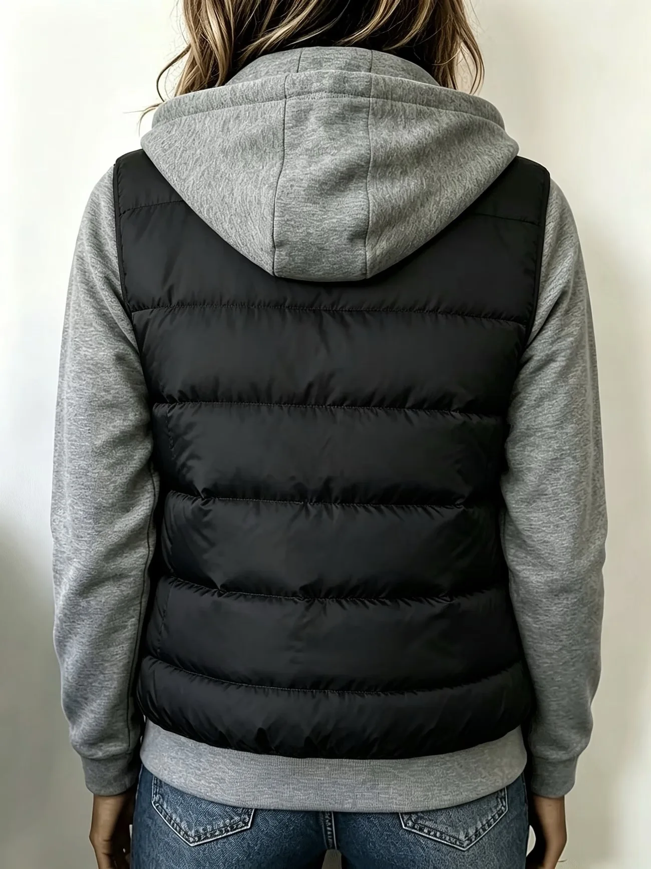 Women's Color Block Hooded Puffer Jacket -Quilted Zip Up Coat with Contrast Sweatshirt Sleeves, Casual Lightweight Winter Outer