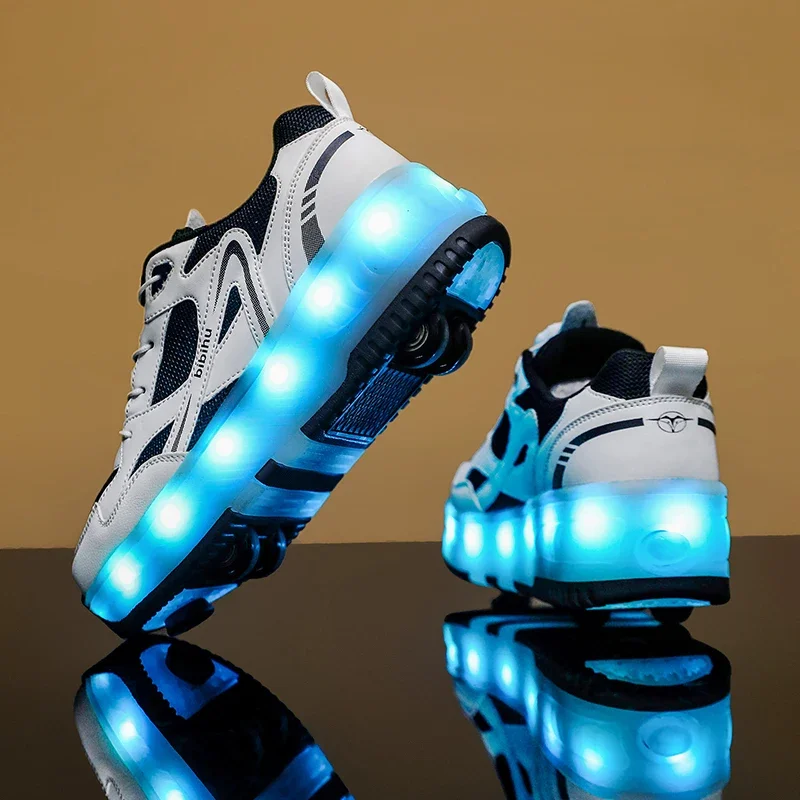 White Black Led Light Roller Skate Shoes Kids Led Shoes Boys Girls USB Charging Children Four Wheels Luminous Glowing Sneakers