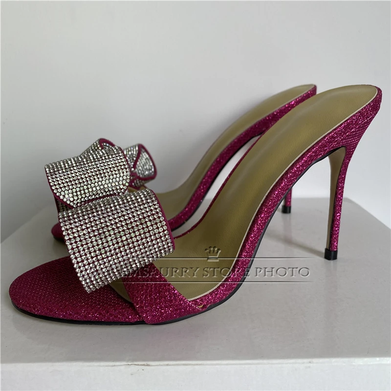 Bling Sequined Cloth Butterfly-knot Women Sandals 10cm Thin High Heels Sexy Open Toe Runway Shoes Summer For Girls