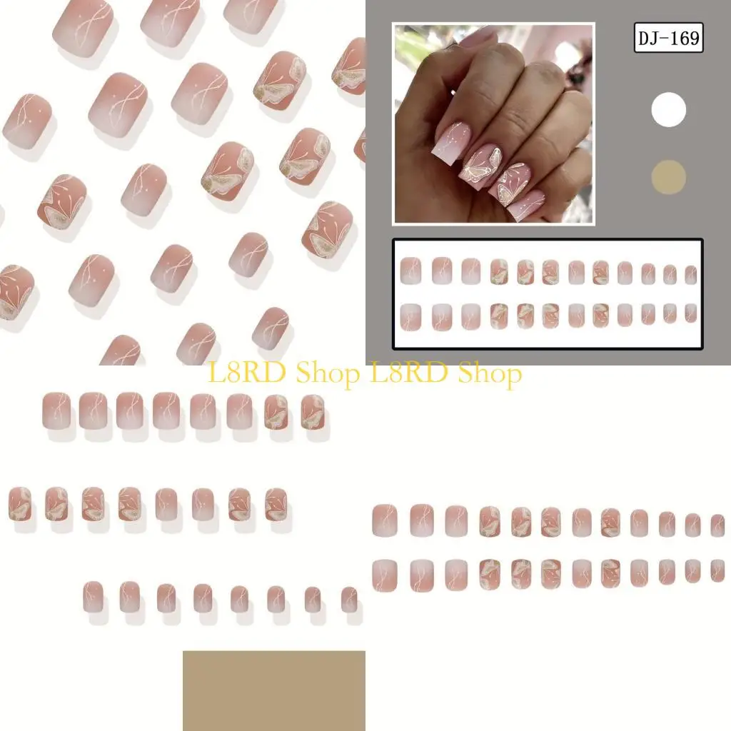 L8RD 24Pcs Butterfly Fake Glossy Press on False Tips Artificial