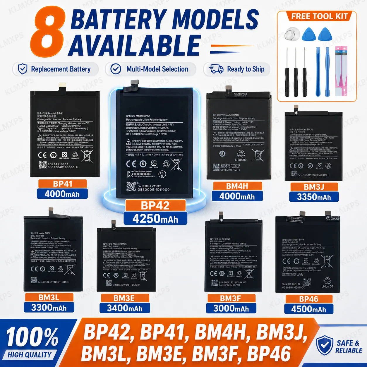 Replacement Battery BP42 BP41 BM4H BM3J BM3L BM3E BM3F BP46 For Xiaomi Mi 12X 11 Lite Redmi K20 Pro Mi 9 Pro Mi 8 Explorer/Pro
