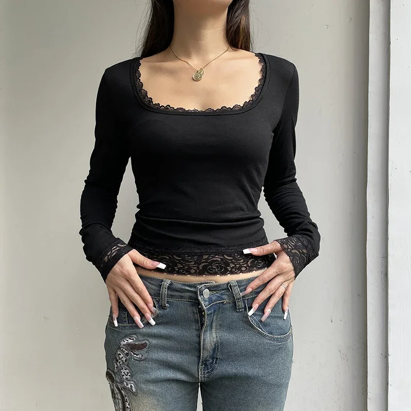 مثير قميص أسود المرأة الخريف جديد الدانتيل تيز موضة الشارع الشهير س الرقبة عادية سليم كم طويل تي شيرت الإناث تنوعا