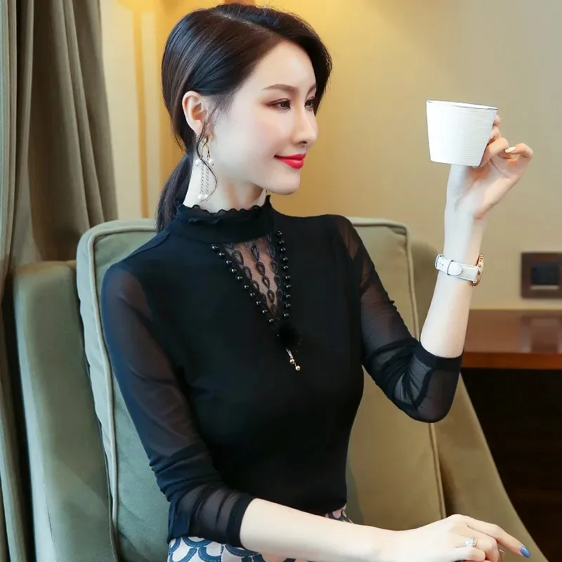 البطن تغطي قاع قميص النمط الغربي شبكة طويلة الأكمام المرأة تي شيرت ربيع الخريف المرأة تنوعا رقيقة