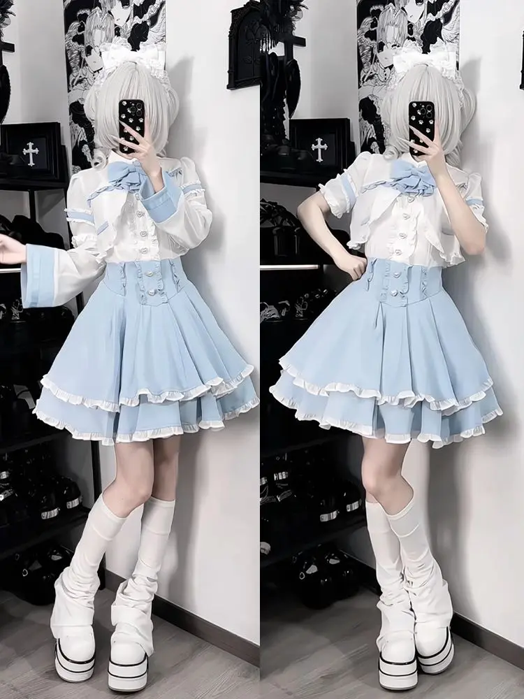Summer Japanese Cute Kawaii Dress Suit Women Fashion Sweet Elegant Patchwork Bow Sky Blue Dresses Cardigan Two-piece Set New