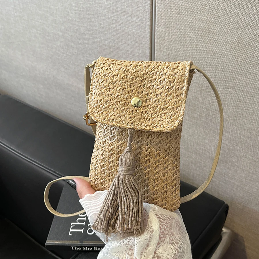 Bolso Bandolera Estilo Boho, Bolso Cuadrado Pequeño, Mini Bolso de Viaje para Teléfono Celular, Color Beige Caqui, Bolso Tejido a Mano para Mujeres y Niñas