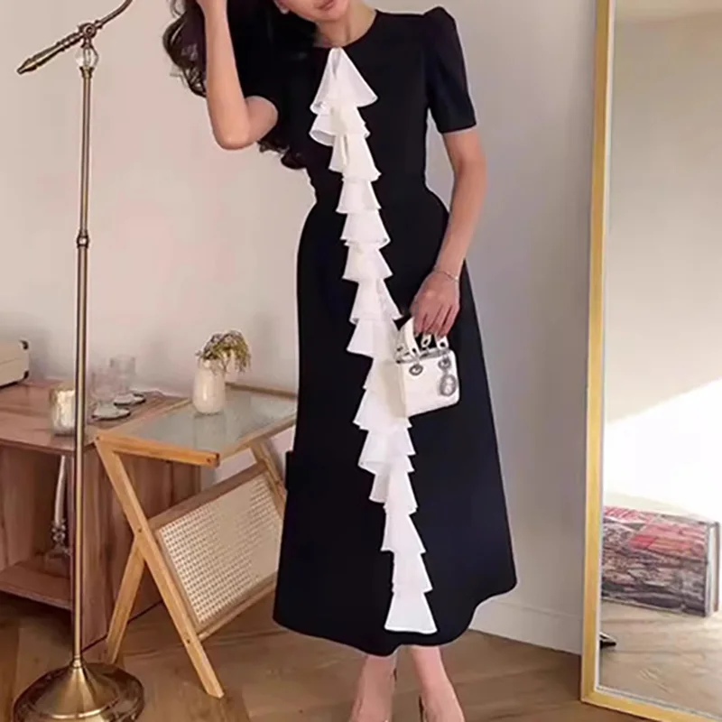 エレガントな O ネックカラーブロックロングドレス女性カジュアルバブルスリーブスリムフィットパーティードレスファッションハイトウエスト固体通勤ドレス
