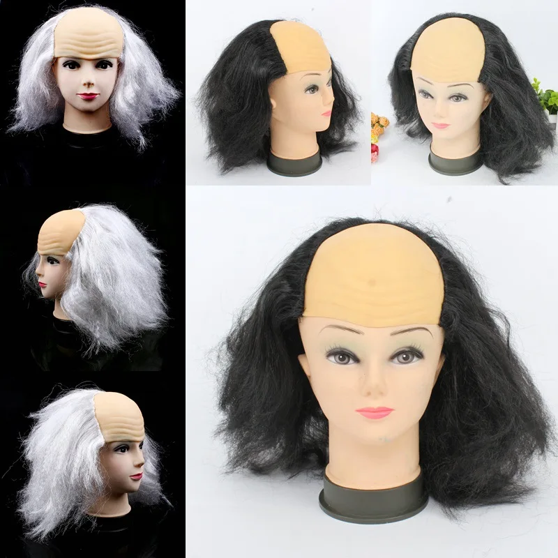 Hot White Old Lady Wig Funny Bald Wig Mediterranean Men's Wig Perfect Bald Head Cap for Costume Party Halloween Dress-up Props