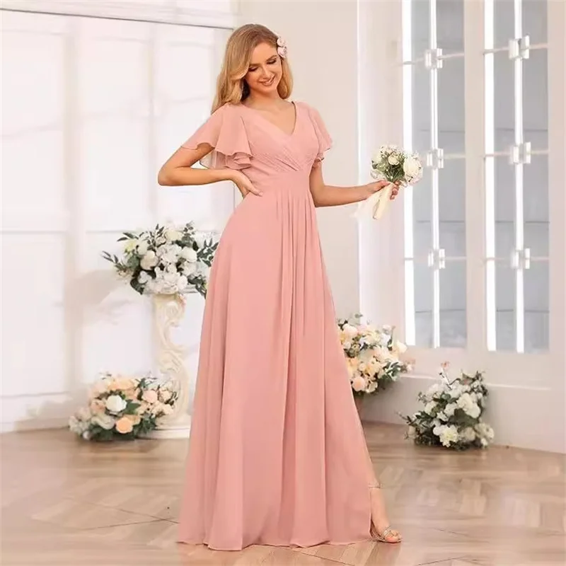 Customise Slit Simple A Line Chiffon V Neck Pleat Off Shoulder Evening Bridesmaid Dresses Wedding Party Formal Prom Lace Up Back