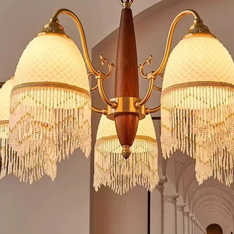 SANDYHA All Copper Grid Tassel Chandelier Walnut Wood LED Lights Parlor Bedroom Dining Table Lighting Home Decoration