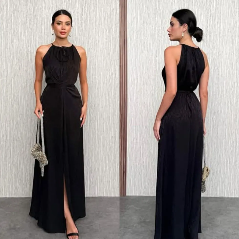 

High Quality Customized Halter Floor Length Black A-line Sleeveless High Fork Elegant Dresses for Women Gowns Vestidos De Fiesta