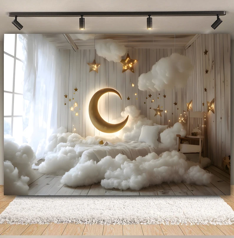 Newborn Baby Birthday Party Photography Backdrops Moon Stars Blue Clouds Baby Shower Cartoon Background Decor Photo Studio Props