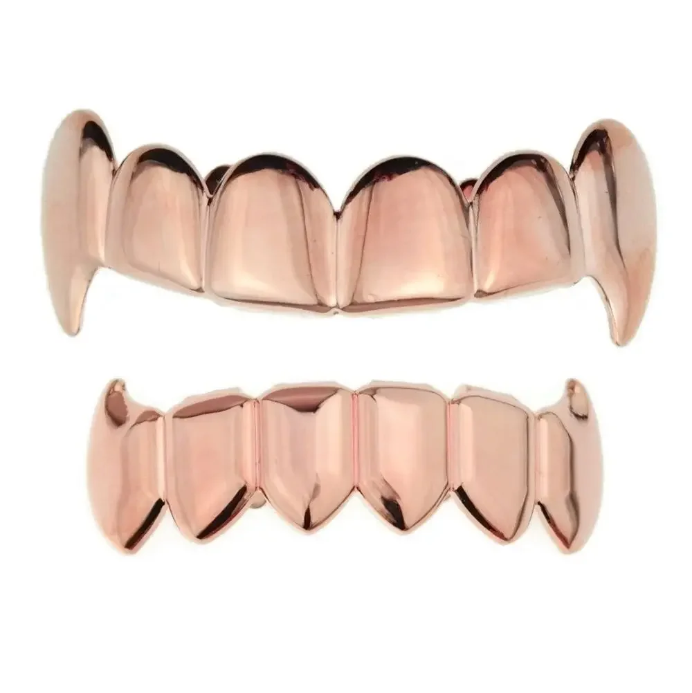 Gold Silver Plated HIP HOP Teeth Grillz Top & Bottom Grills Set With Silicone Real Shiny Vampire Tooth Sets