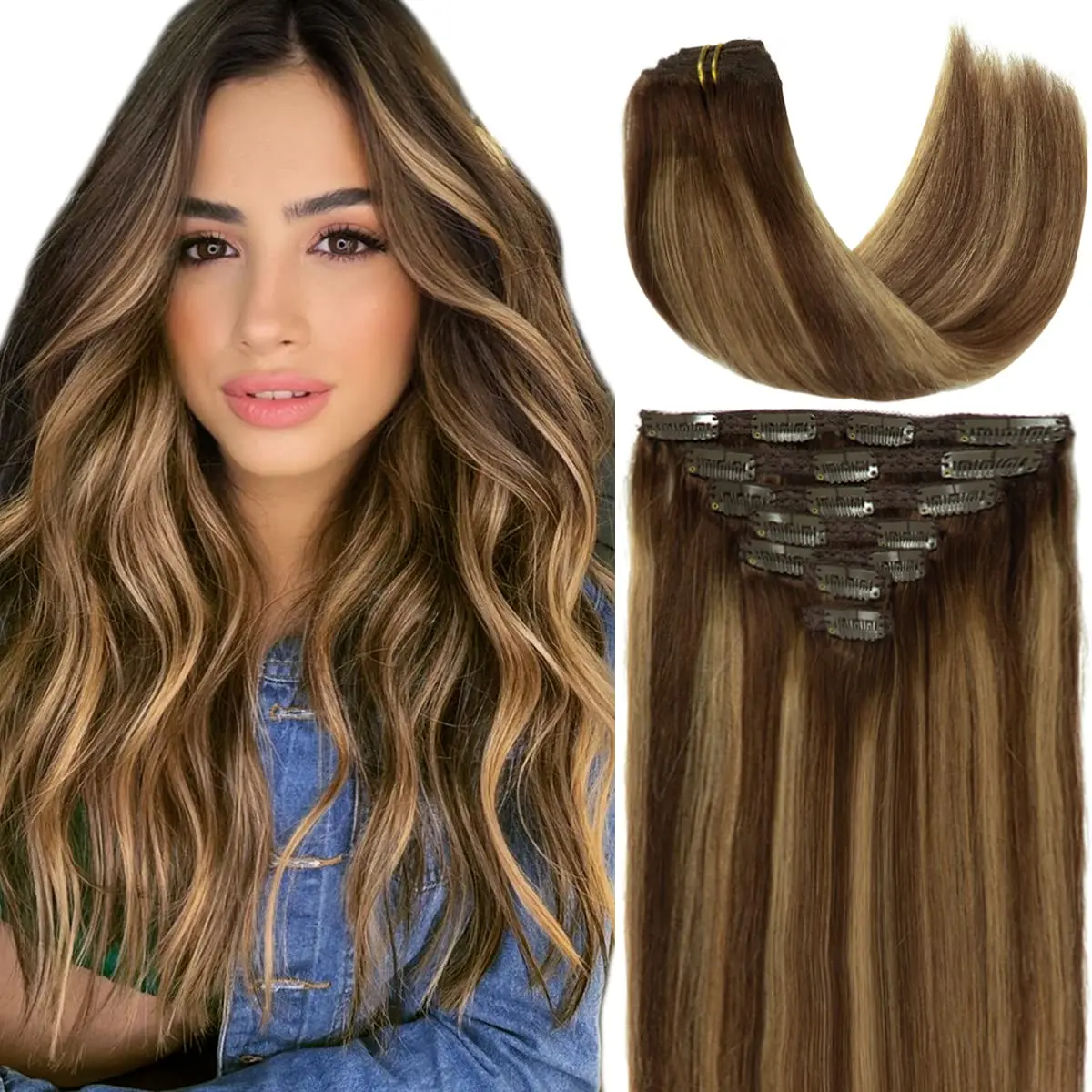 Extensiones de cabello humano liso para mujer, 100% cabello humano Real #4/27, marrón, reflejos, Rubio, Clip Ins, Remy, 120G