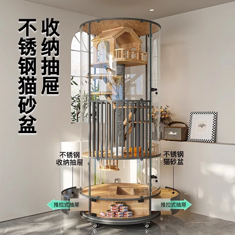 Fa luxury cylindrical cat villa 360 panoramic four-story movable cat nest household cat cage with toilet