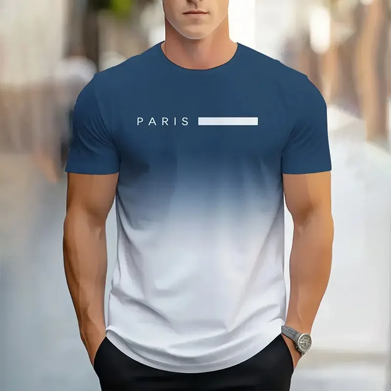 

Summer New Men's T-shirt Fashion Simple Gradient Printing Short-sleeved Tops Men's Breathable Round Neck Short-sleeved Clothing