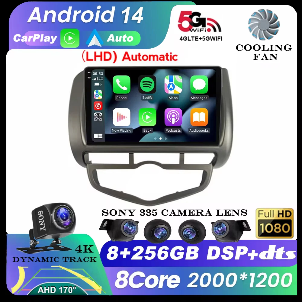 

Автомагнитола Carplay, 2 Din, Android 14, для HONDA JAZZ City 2002-2007, HD, мультимедийный видеоплеер, стерео, GPS, камера 360, Wi-Fi, 4G