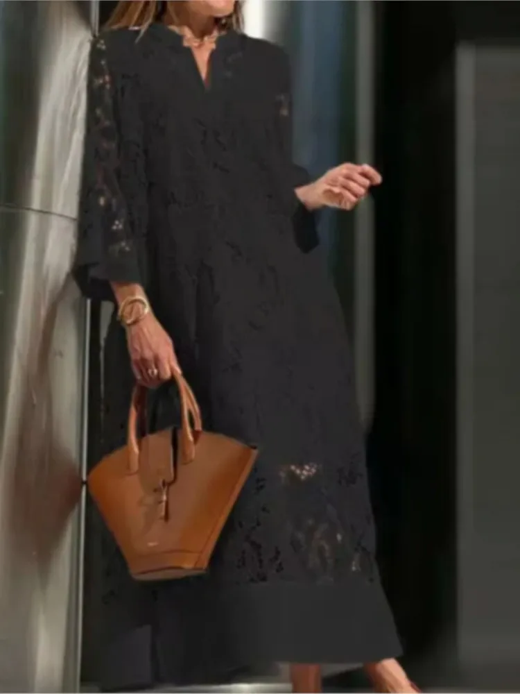 White Embroidery Lace Dress Women Spring Sexy V Neck Hollow Out Party Dress New Boho Loose Long Dress Holiday Ladies Clothing