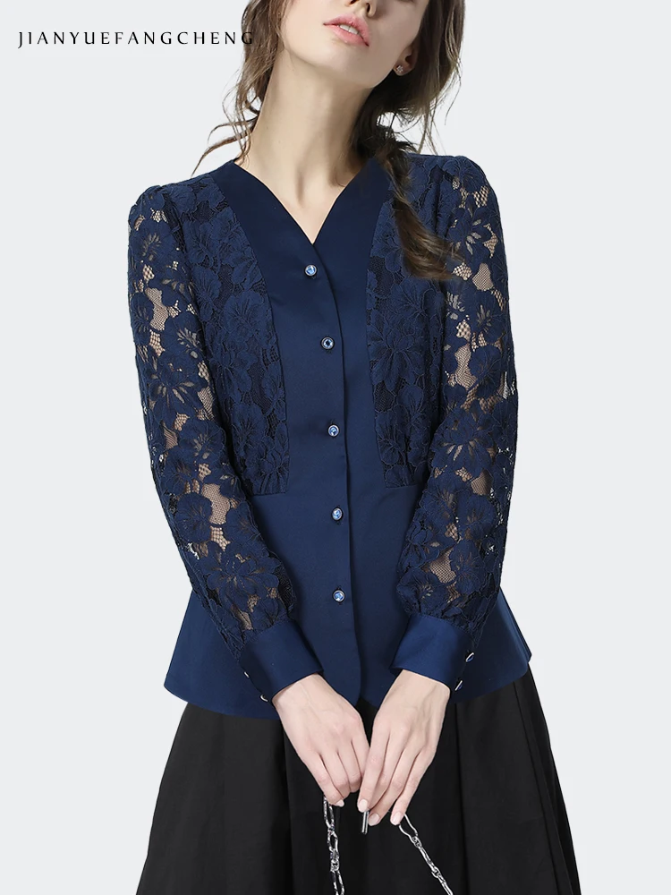 Fashion Hook Flower Hollow Women Blue Lace Top Long Sleeve V-neck Button-down Shirt Elegant Slimming Fit Vintage Casual Blouses