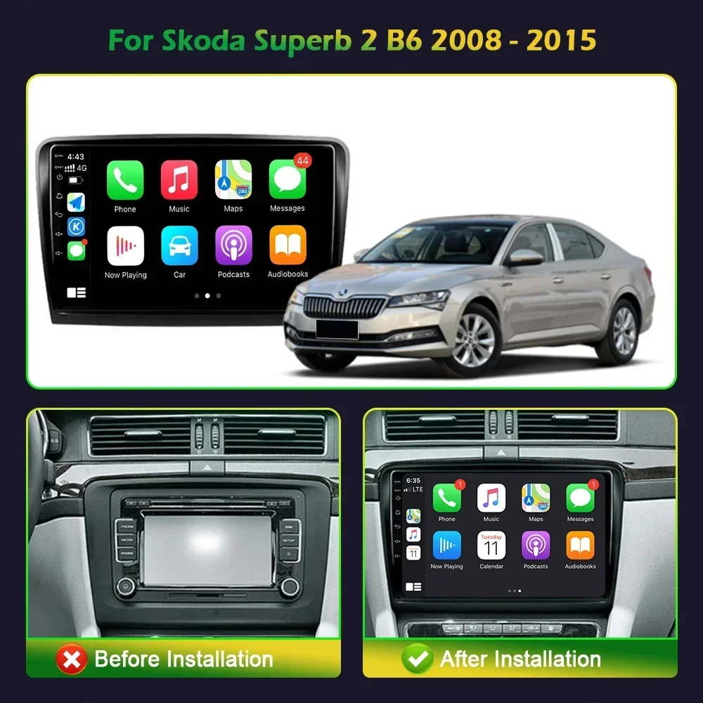 For Skoda Superb 2 B6 2008-2015 Car Radio Android 14 Multimedia GPS Navigation Wireless Carplay 2DIN Touch Screen Auto Stereo 4G