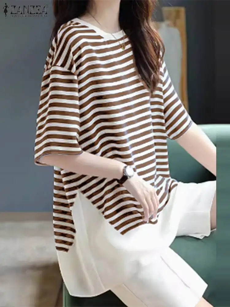 ZANZEA Korean Short Sleeve Stripes Tops Harajuku Loose Women Blouse 2024 Autumn Casual Round Neck Tunic Holiday Slit Hem Blusas