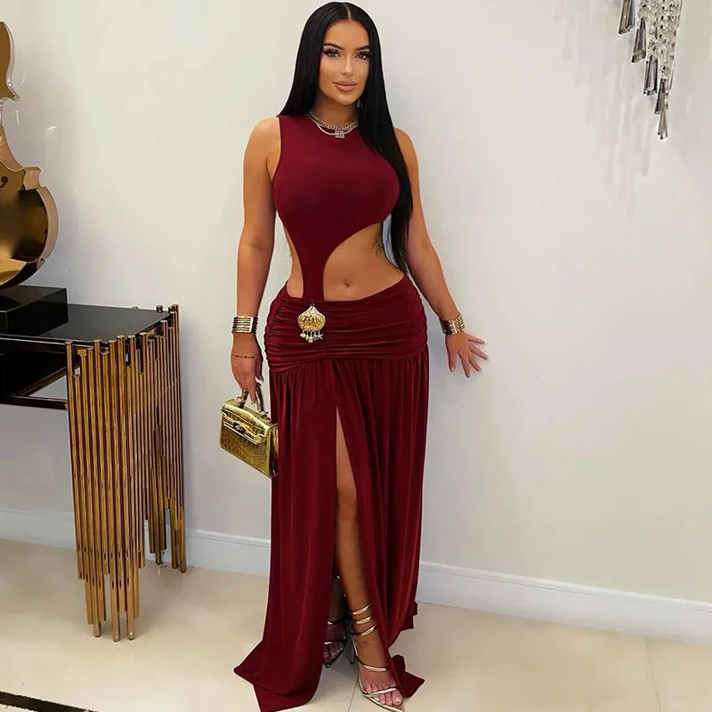 Sexy Cut Out Ruched A-line Birthday Dress for Woman Party Club Night Sleeveless O-neck High Split Prom Maxi Dresses Robe Femme