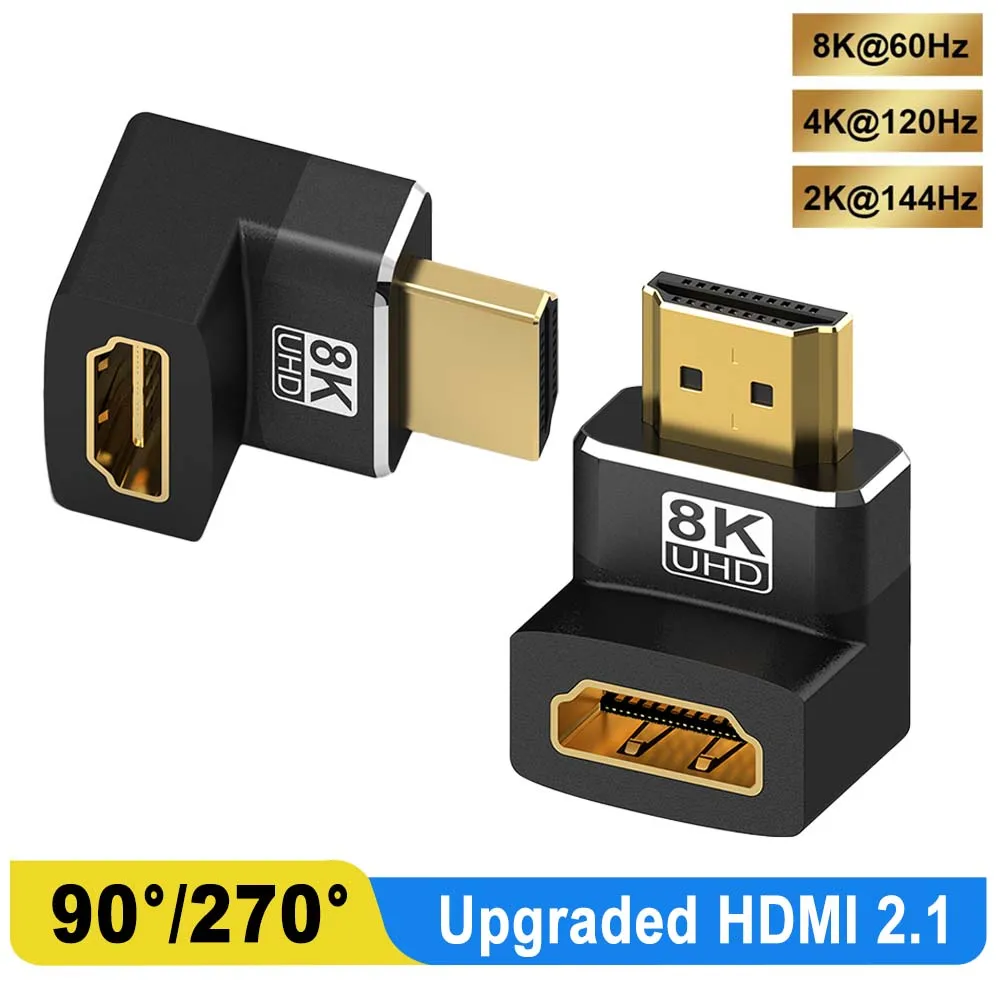 HDMI 90 and 270 Degree Adapter，HDMI 2.1 8K@60hz 2.0 4K@120hz 2K Right Angle HDMI Male to Famale L Adapter for HDTV PS4 PS5 Lapto