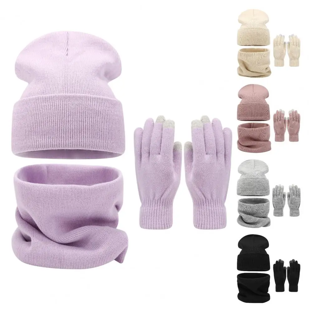 

Knitting Hat Gloves Scarf Set Winter Warm Knit Hat Gloves Scarf Set for Women Fleece Lined Touchscreen Double Layer Thermal Cap