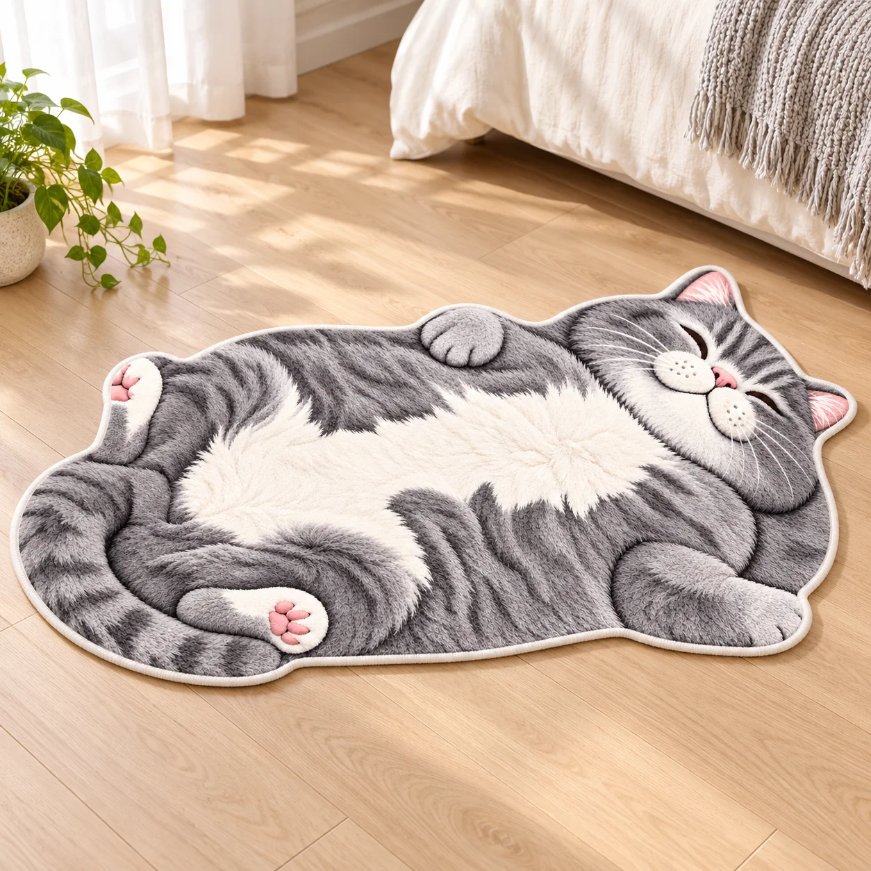 Sleeping Gray Cat Shaped Area Rug, Cute Irregular Animal Floor Mat for Bedroom, Living Room, Kids Room and Cozy Home Decor